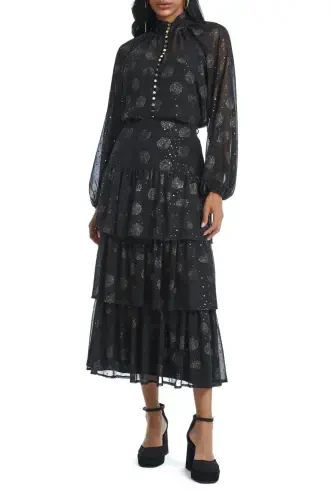 Sequined Circle Print Chiffon Long Sleeve Layered Skirt Black Suit 38945 - 1