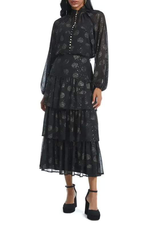 Sequined Circle Print Chiffon Long Sleeve Layered Skirt Black Suit 38945 - 1