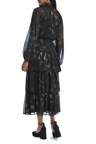 Sequined Circle Print Chiffon Long Sleeve Layered Skirt Black Suit 38945 - 3