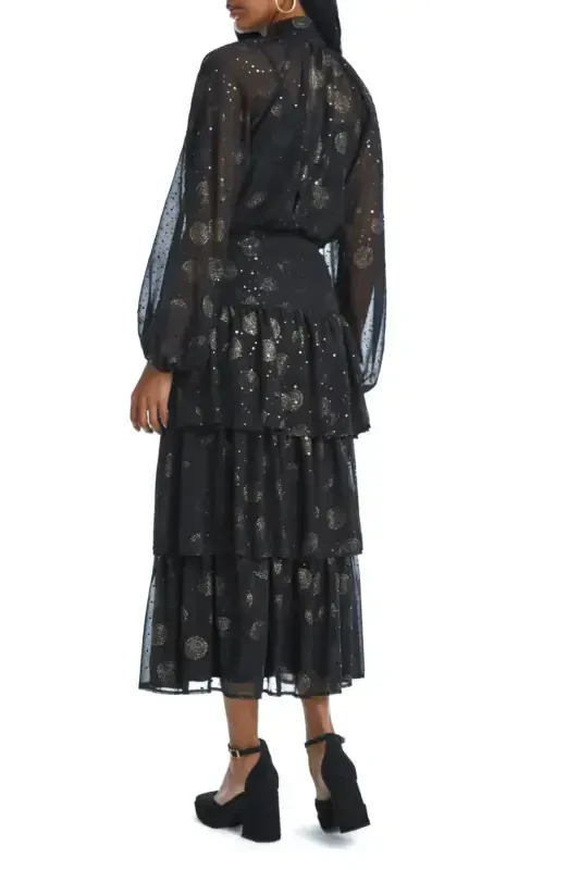 Sequined Circle Print Chiffon Long Sleeve Layered Skirt Black Suit 38945 - 3