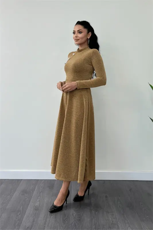 Sequined Crepe Fabric Button Detailed Midi Dress - GOLD - 2