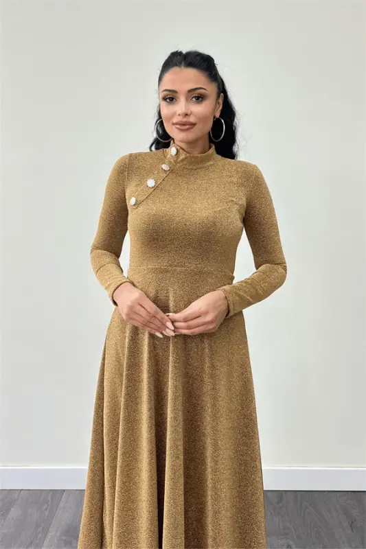 Sequined Crepe Fabric Button Detailed Midi Dress - GOLD - 3