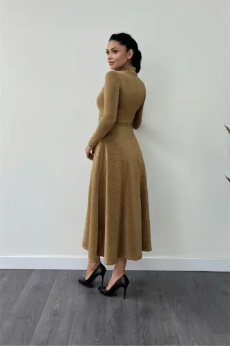 Sequined Crepe Fabric Button Detailed Midi Dress - GOLD - 5