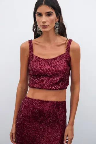 Sequined Crop Blouse - Burgundy - SATEEN (1)