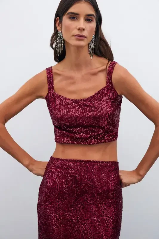 Sequined Crop Blouse - Burgundy - 3