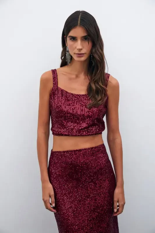 Sequined Crop Blouse - Burgundy - 5