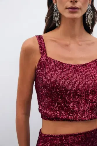 Sequined Crop Blouse - Burgundy - 6