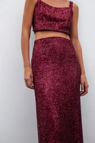 Sequined Crop Blouse - Burgundy - 7