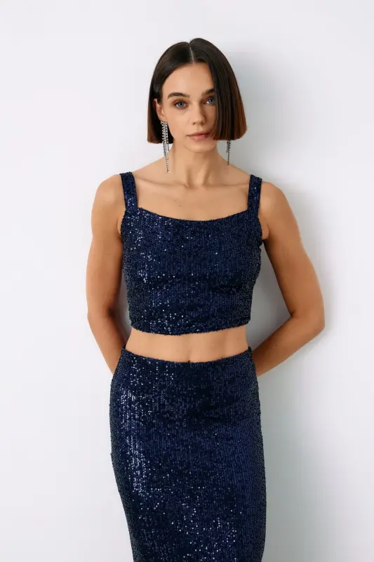 Sequined Crop Blouse - Navy Blue - NAVY BLUE - 3
