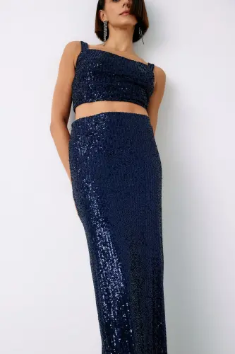 Sequined Crop Blouse - Navy Blue - NAVY BLUE - 4