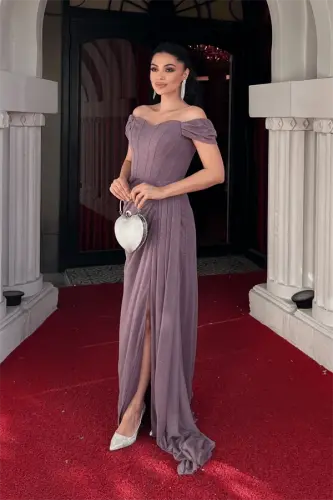 Sequined Fabric Boned Detail Evening Dress - LILAC - BÜYÜKBEDENIZ (1)