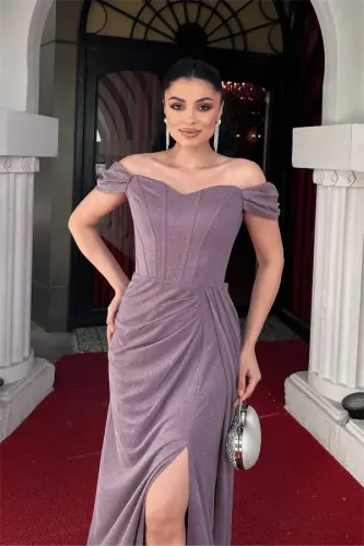 Sequined Fabric Boned Detail Evening Dress - LILAC - 3