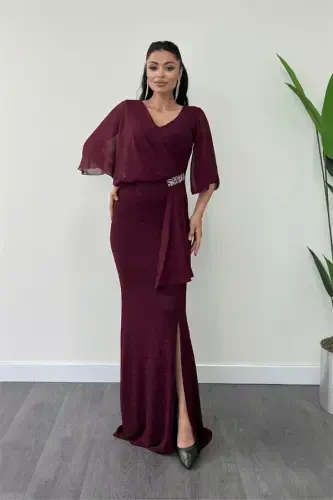 Sequined Fabric Chiffon Shawl Detailed Evening Dress - BURGUNDY - 1