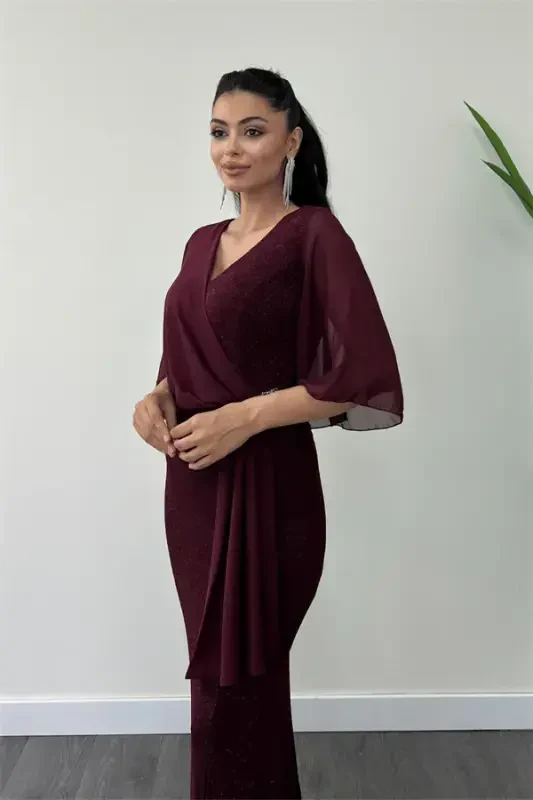 Sequined Fabric Chiffon Shawl Detailed Evening Dress - BURGUNDY - 3