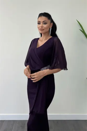 Sequined Fabric Chiffon Shawl Detailed Evening Dress - EGGPLANT PURPLE - 4