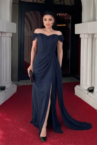 Sequined Fabric Corset Detail Evening Dress - NAVY BLUE - 1