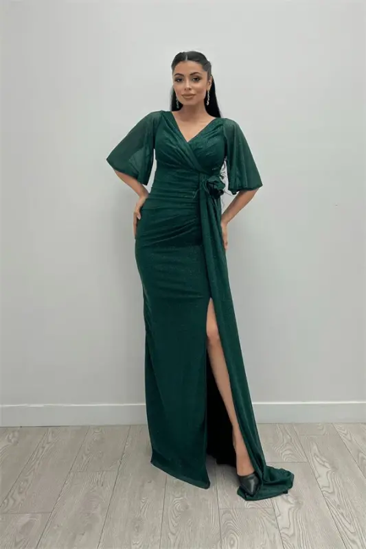 Sequined Fabric Rose Detailed Fishtail Dress - EMERALD - 1