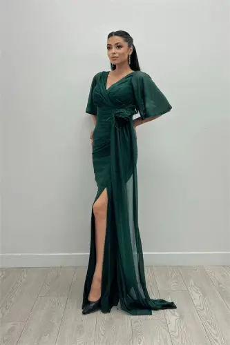 Sequined Fabric Rose Detailed Fishtail Dress - EMERALD - BÜYÜKBEDENIZ (1)