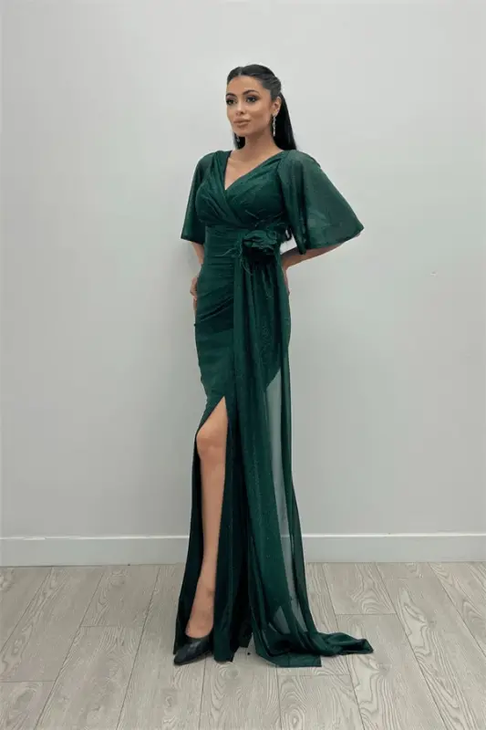 Sequined Fabric Rose Detailed Fishtail Dress - EMERALD - 2