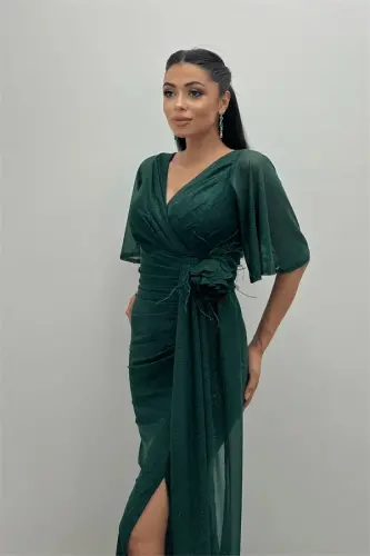 Sequined Fabric Rose Detailed Fishtail Dress - EMERALD - 3