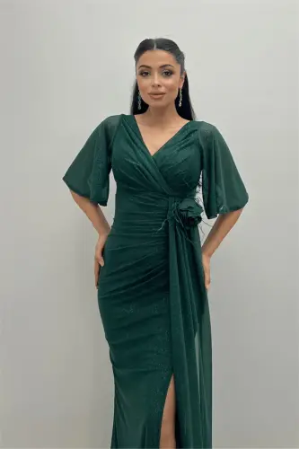 Sequined Fabric Rose Detailed Fishtail Dress - EMERALD - 4