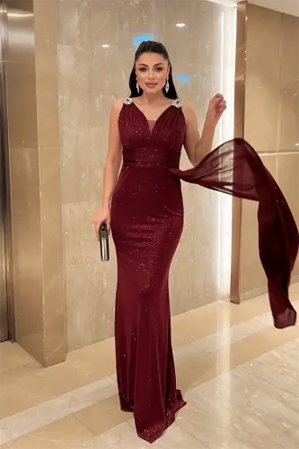 Sequined Fabric Stone Detailed Evening Dress - BURGUNDY - BÜYÜKBEDENIZ (1)