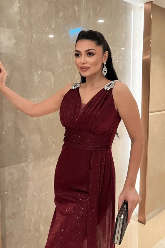 Sequined Fabric Stone Detailed Evening Dress - BURGUNDY - 4