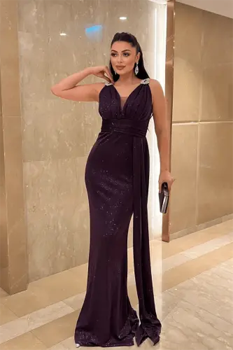 Sequined Fabric Stone Detailed Evening Dress - EGGPLANT PURPLE - BÜYÜKBEDENIZ (1)