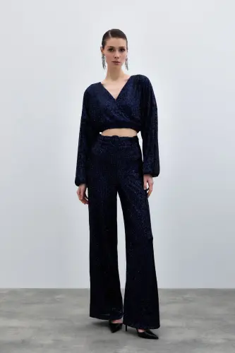 Sequined Flare Pants - Navy Blue-NAVY BLUE 