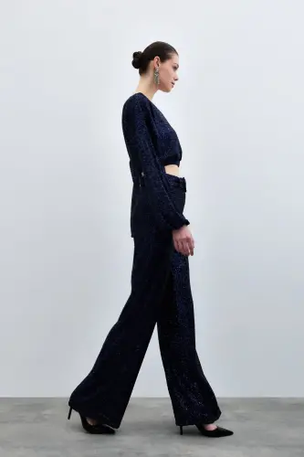 Sequined Flare Pants - Navy Blue-NAVY BLUE - SATEEN (1)