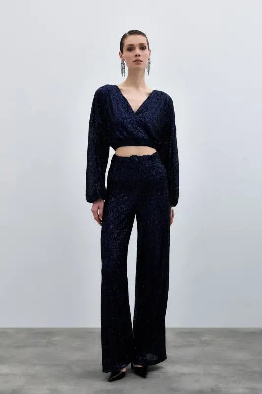 Sequined Flare Pants - Navy Blue-NAVY BLUE - 3