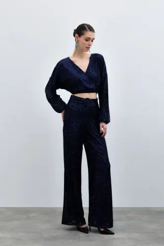 Sequined Flare Pants - Navy Blue-NAVY BLUE - 4