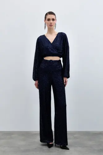 Sequined Flare Pants - Navy Blue-NAVY BLUE - 5