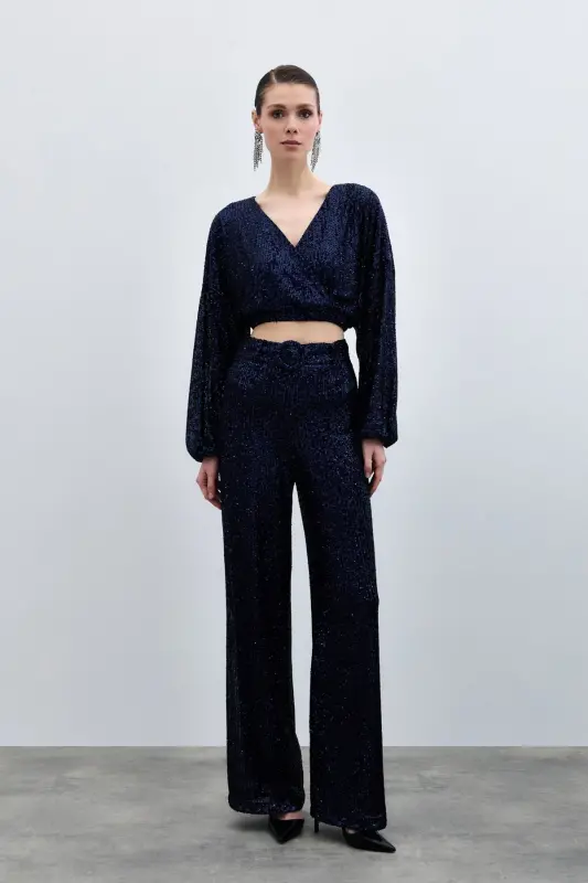 Sequined Flare Pants - Navy Blue-NAVY BLUE - 5