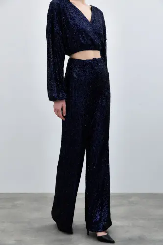 Sequined Flare Pants - Navy Blue-NAVY BLUE - 6