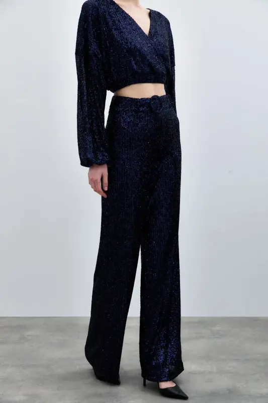Sequined Flare Pants - Navy Blue-NAVY BLUE - 6