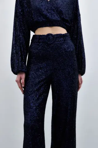 Sequined Flare Pants - Navy Blue-NAVY BLUE - 7