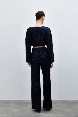 Sequined Flare Pants - Navy Blue-NAVY BLUE - 8