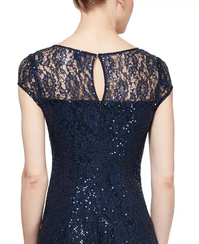 Sequined Lace Midi Dress-Navy - 3