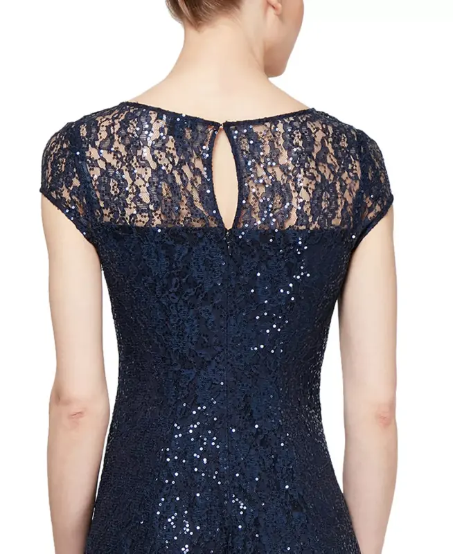Sequined Lace Midi Dress-Navy - 3