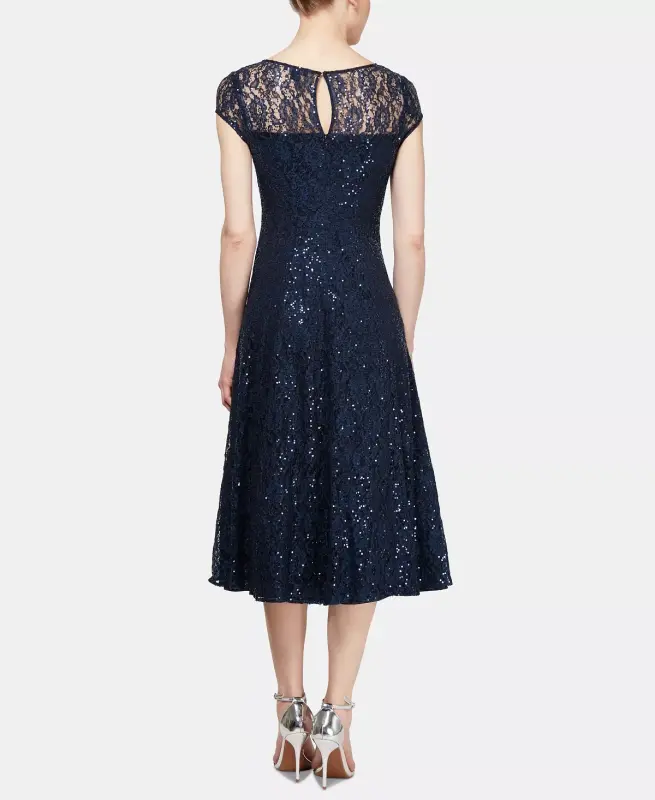 Sequined Lace Midi Dress-Navy - 4