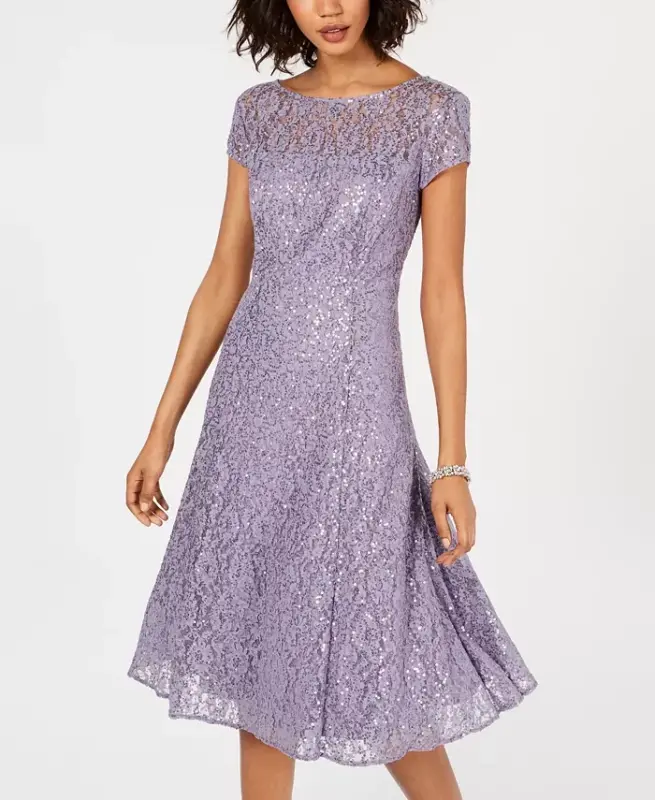 Sequined Lace Midi Dresses-Mystic Heather - 2