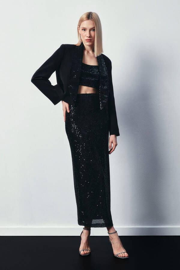 Sequined Long Skirt - BLACK - 1