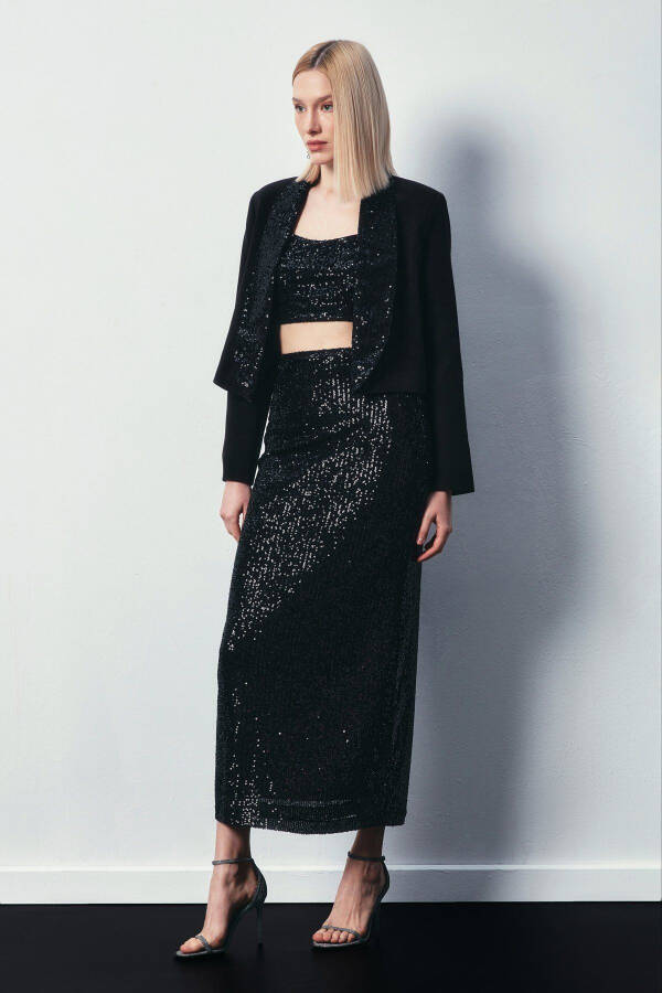 Sequined Long Skirt - BLACK - 2