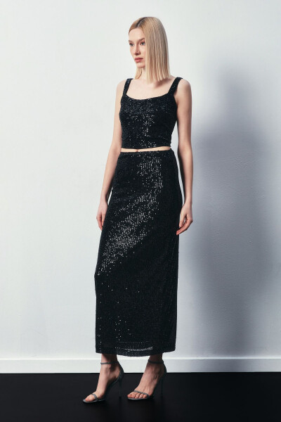 Sequined Long Skirt - BLACK - 4