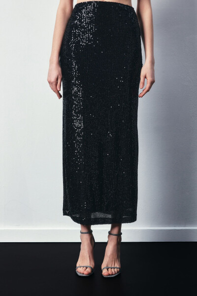 Sequined Long Skirt - BLACK - 5