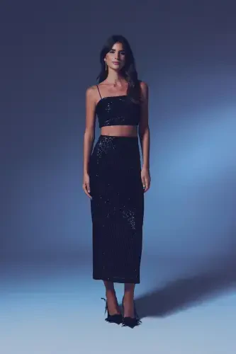 Sequined Long Skirt - BLACK - 1