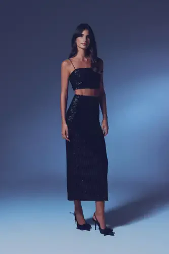 Sequined Long Skirt - BLACK - 2