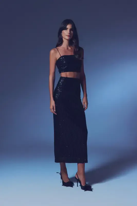 Sequined Long Skirt - BLACK - 2