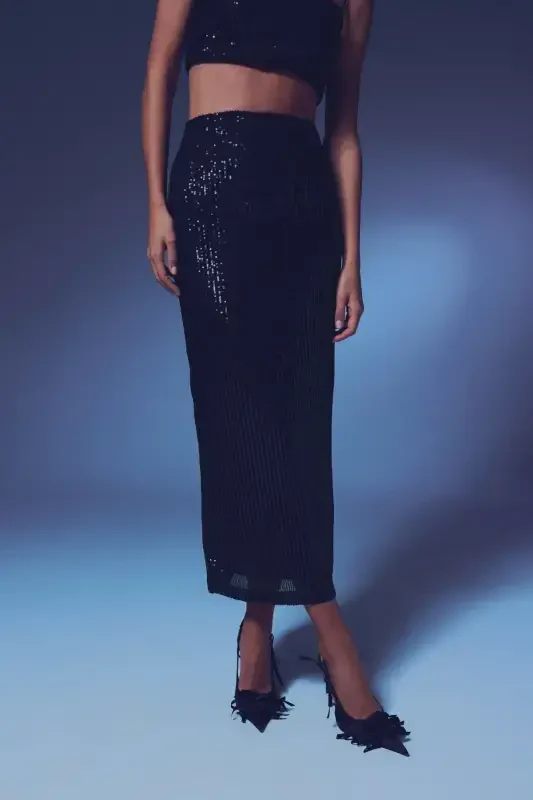 Sequined Long Skirt - BLACK - 5